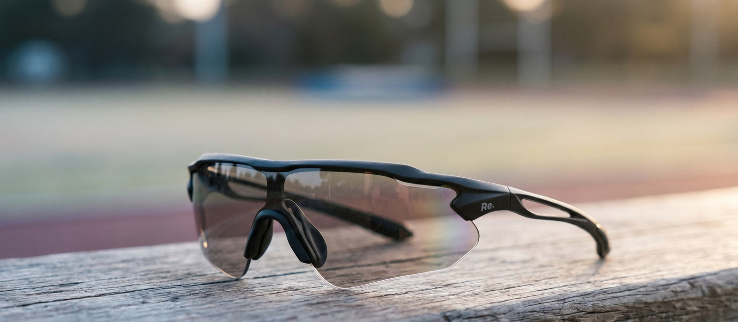 Re.glide Infinity running sunglasses with photochromic lens, Re. wordmark visible on the temple, resting on a timber bench at the edge of an athletics track at dawn