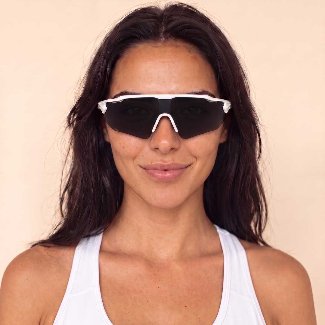 Re.glide: Protector Black (White Frame) Running Sunglasses model headshot female