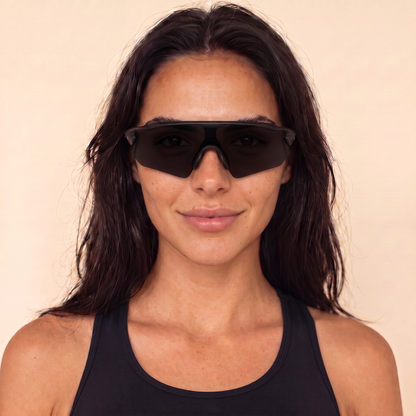 Re.glide: Protector Black Running Sunglasses model headshot female