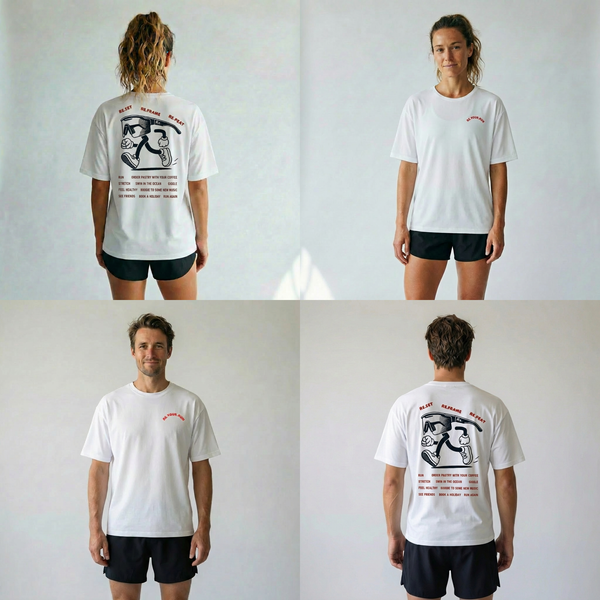A man and a woman wearing the Re. Performance Tee