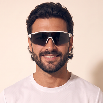 Re.glide: Protector Black (White Frame) Running Sunglasses model headshot male