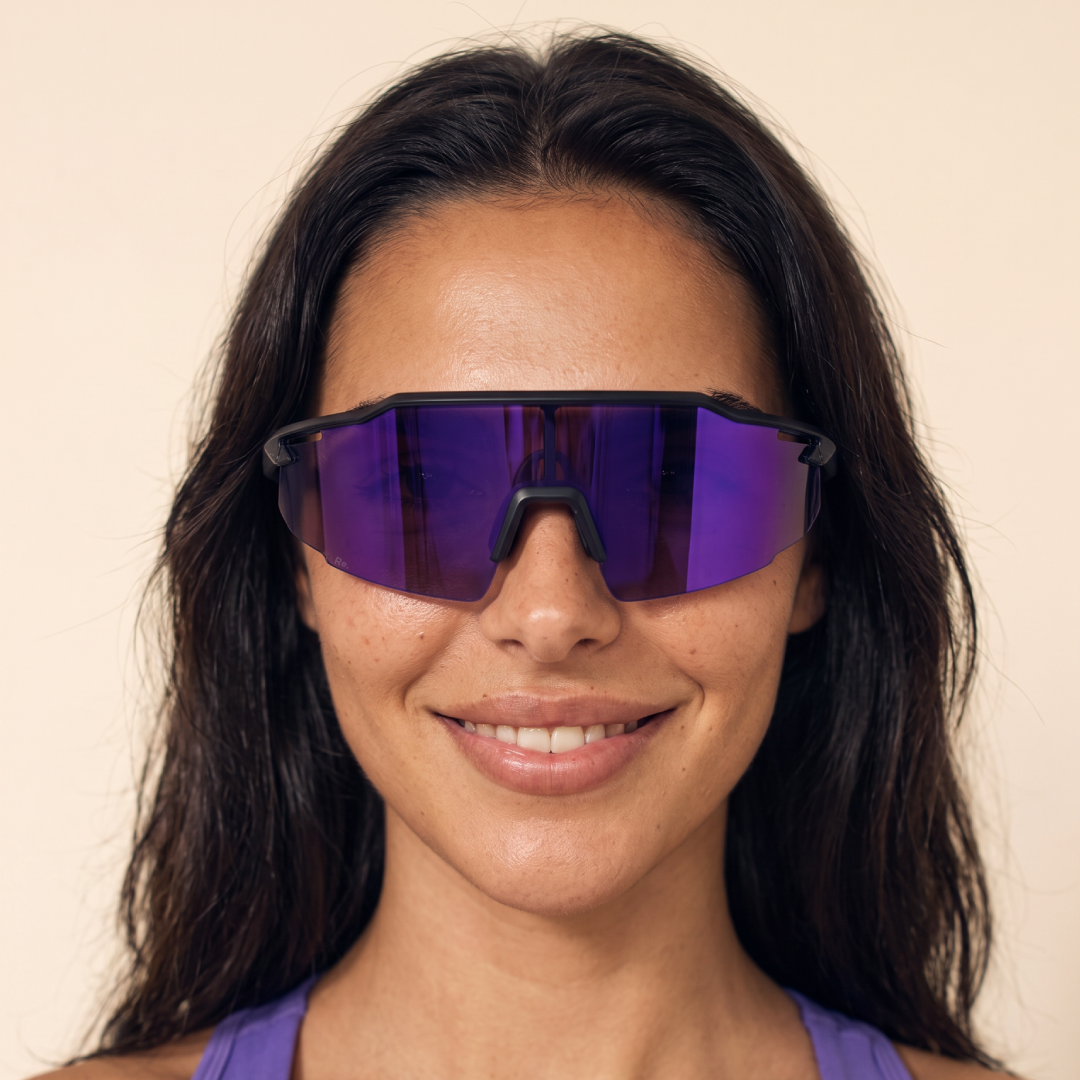 Re.balance Protector Purple Running Sunglasses model headshot female