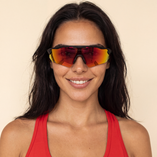 Re.glide Protector Red Running Sunglasses model headshot female